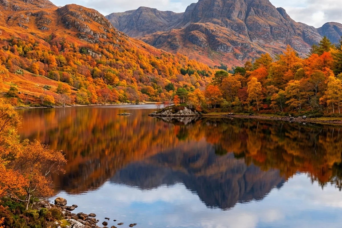 Autumn foliage trees and calm loch in Cairngorms National Park