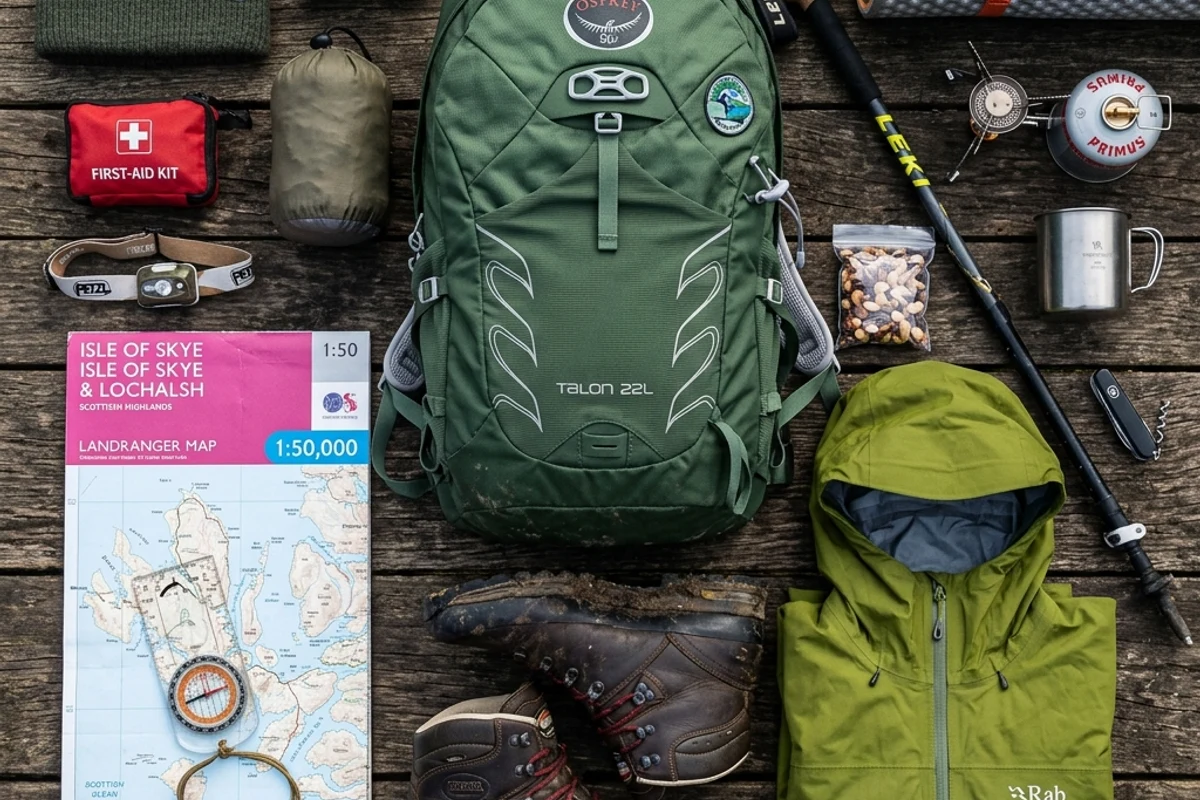 Highland trekking gear, boots and waterproof jacket