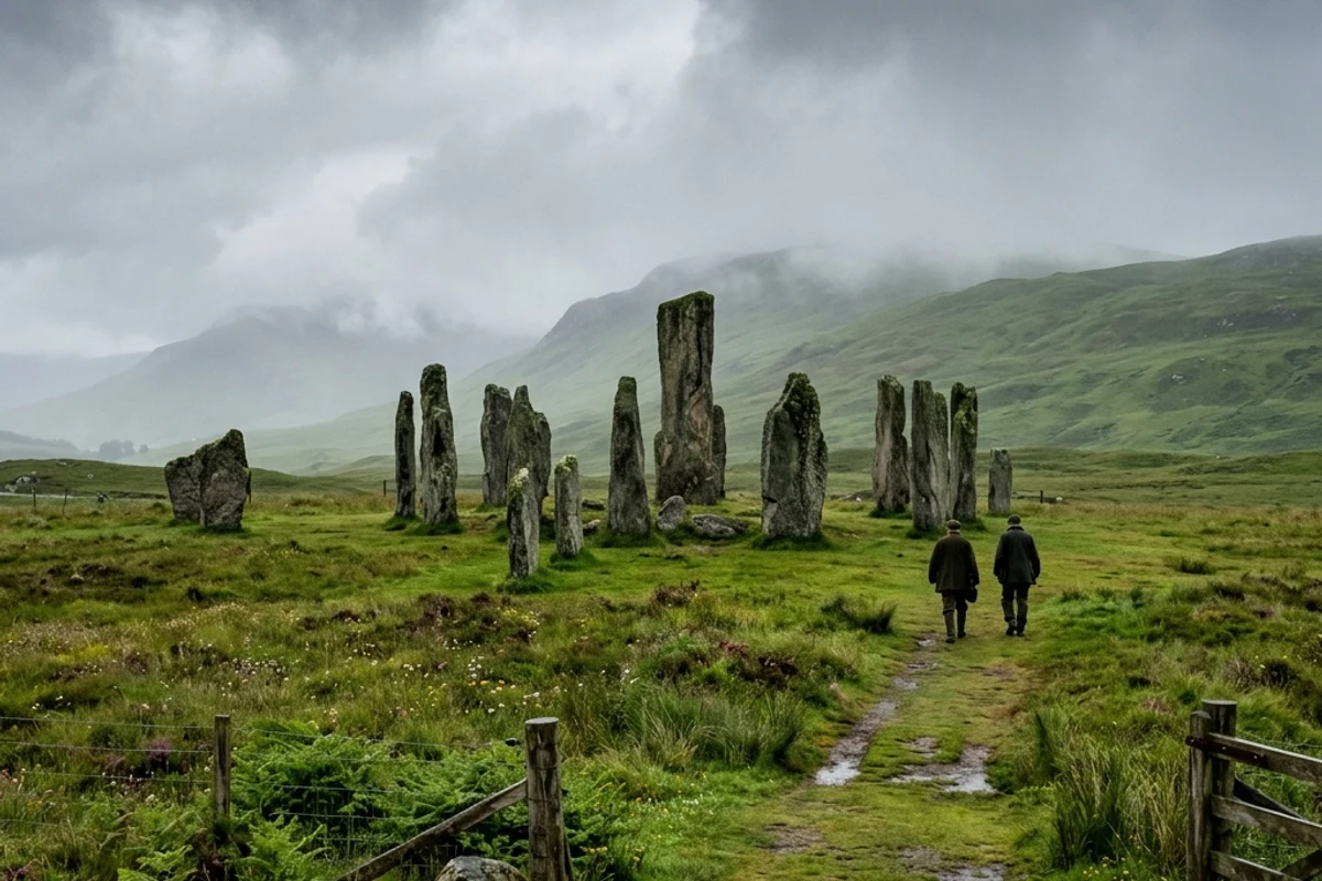 Ancient Celtic stone monument in green meadow