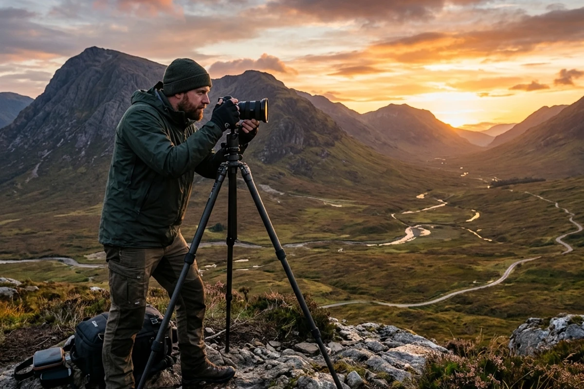 Photographer capturing mountain sunset in Scottish Highlands