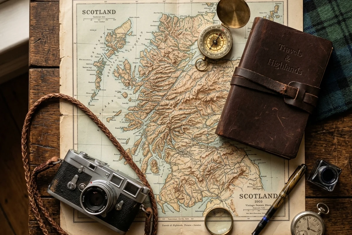 Vintage map and compass for custom Scotland travel planning