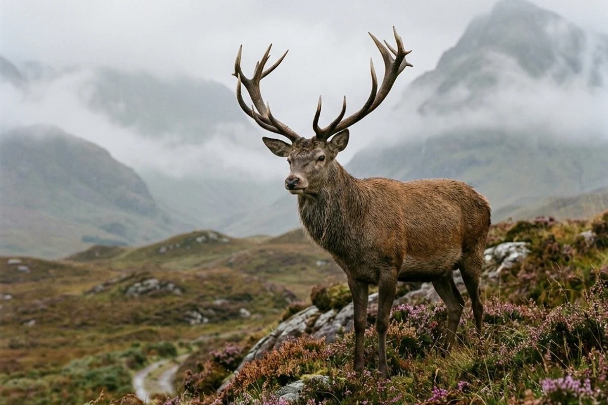 Scottish Red Deer stag standing on heather hills